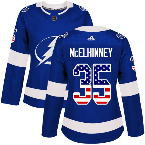 Adidas Tampa Bay Lightning #35 Curtis McElhinney Blue Home Authentic USA Flag Women Stitched NHL Jersey->women nhl jersey->Women Jersey